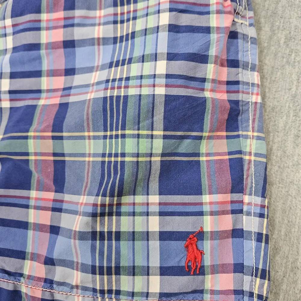 Polo Ralph Lauren Swim Shorts Mens L Blue Plaid Lined Drawstring Back Pocket